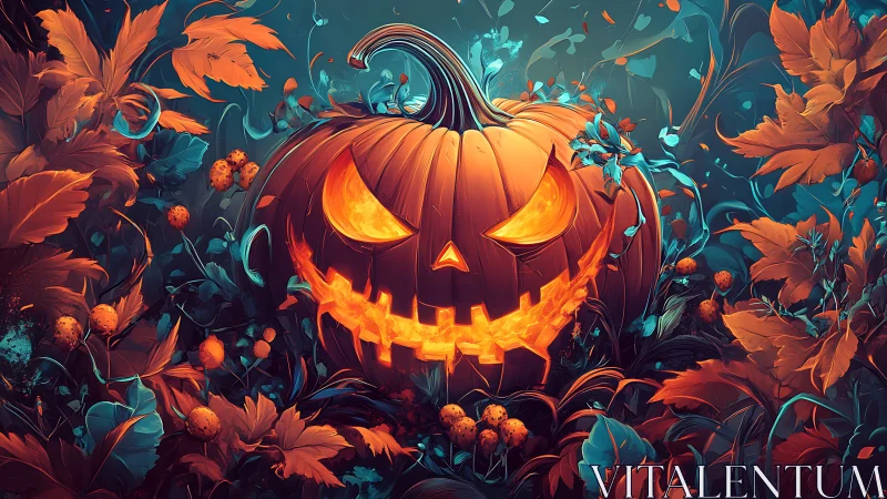 Digital painting of glowing jack-o’-lantern in lush foliage.