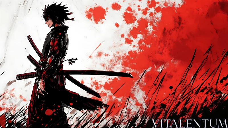 Samurai silhouette with swords against red abstract field.