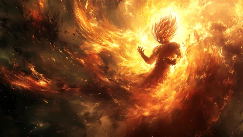 Digital painting of fiery energy warrior in explosive vortex.