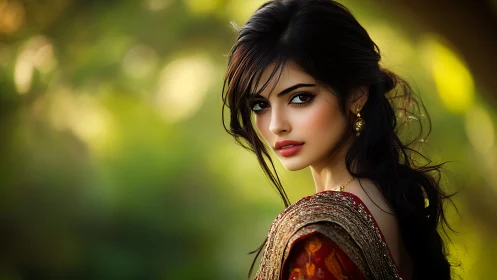Elegant woman in traditional attire with soft bokeh background.