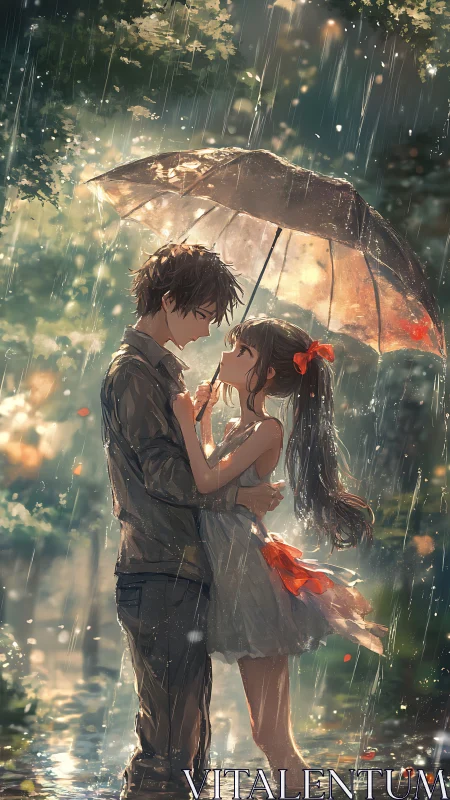 Romantic anime couple under umbrella in luminous summer rain