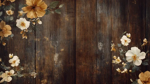 White and Gold Flowers on Weathered Dark Wood Surface.