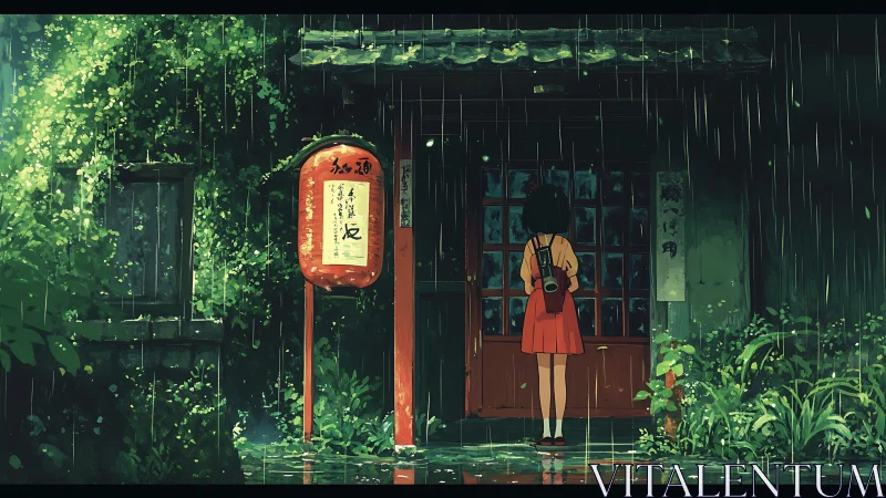 Girl stands before closed doorway in rain-soaked alleyway