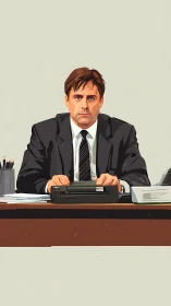 Office warrior at his desk, battling paperwork silence.