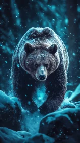 Majestic winter bear strides through a glowing blue snowfall