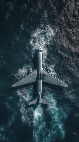 Aerial orthographic study of jetliner over turbulent ocean.