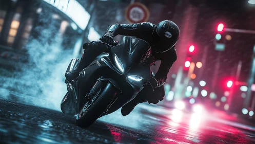 Night rider carving neon-lit streets in the pouring rain.