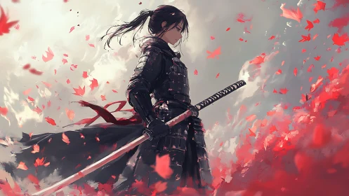 Lone samurai stands resolute amid a storm of red petals