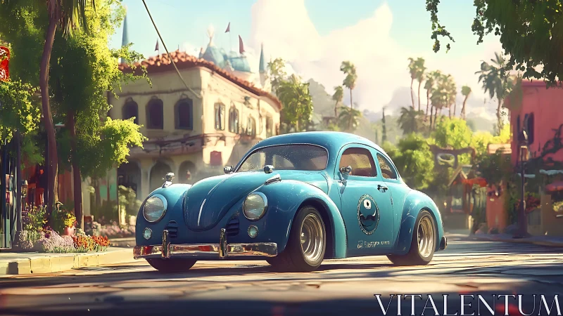 Retro blue coupe cruising sunlit tropical boulevard.