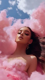 Female subject in pink clouds against blue sky plane.
