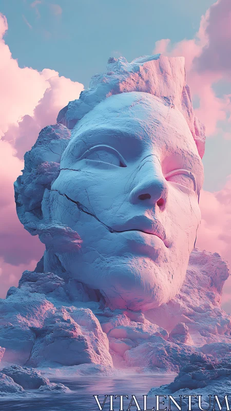 Colossal marble face rises from pastel sea and clouds.