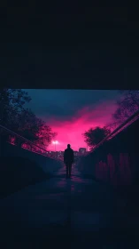 Silhouette in underpass aligned to neon magenta urban sunset vanishing point