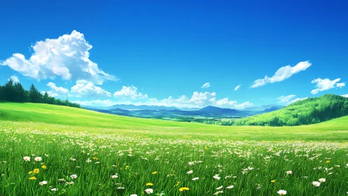 Luminous spring meadow under stratocumulus cloud architecture.