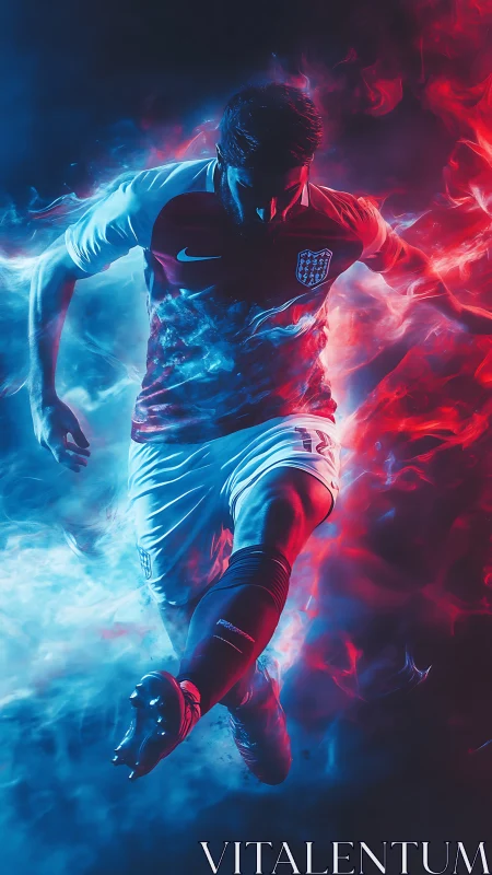 Male footballer in motion amid red and blue smoke field.