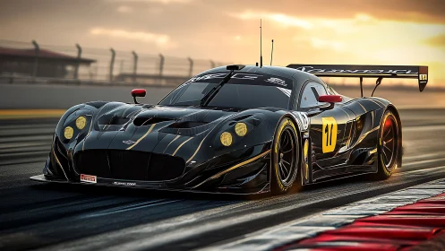Sunlit black GT race car powering through track corner.