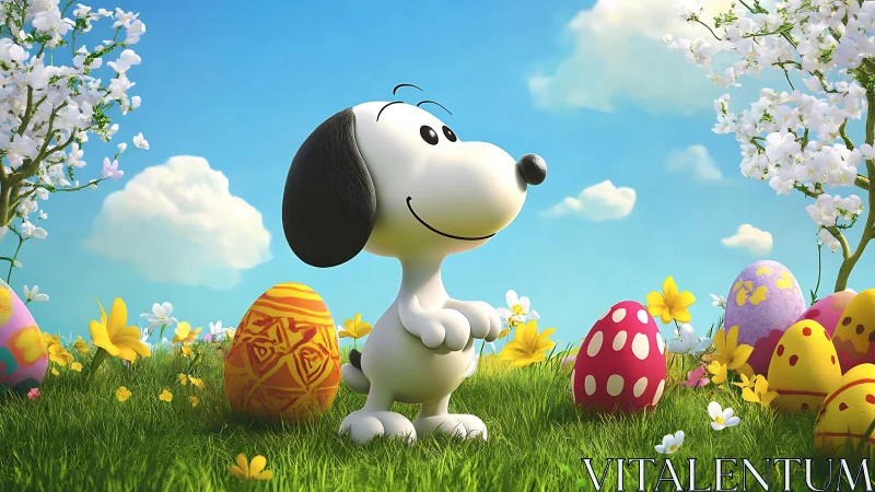 Joyful cartoon beagle in a blooming Easter meadow daydreams.