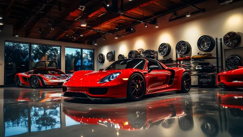 Red supercar gleams under warm showroom lights at sunset