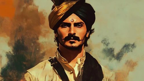 Regal portrait of turbaned man in golden painterly light.