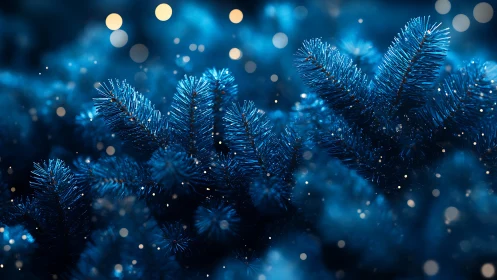 Blue conifer branches with shallow bokeh render in low light