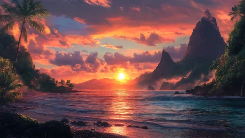 Vibrant tropical island sunset over calm reflective sea.