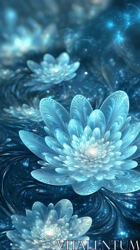 Crystal lotus blooms float through luminous cosmic tide.