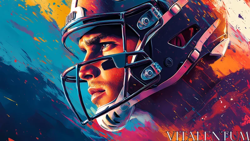Gridiron gaze ignites in neon-splashed warrior portrait.