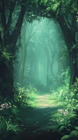 Misty Forest Path Through Ancient Trees and Verdant Foliage
