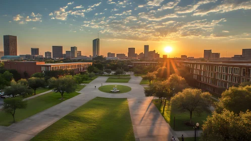 Sunlit university quad overlooking modern city skyline at dusk.