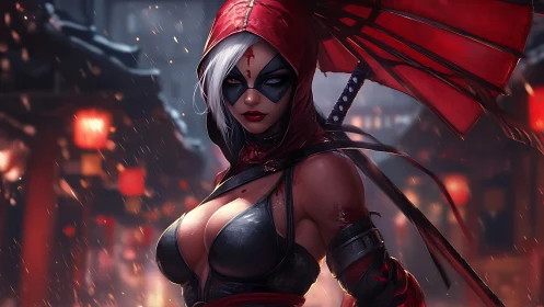 Masked assassin in neo-feudal alley rendered as digital painting