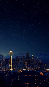 Seattle skyline glows under dense starry midnight sky