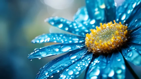 Blue Daisy with Dewdrops in Macro Photography