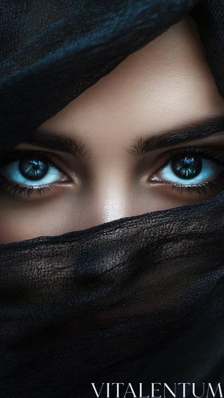 Intense blue eyes framed by sheer black veil fabric.