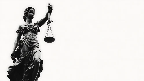 Blindfolded Lady Justice statue with scales in stark contrast.