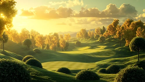 Golden hour over rolling greens and quiet fairways.
