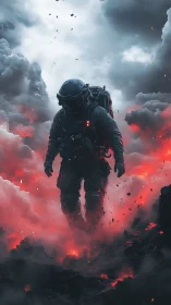 Astronaut figure walks through volcanic smoke and embers below