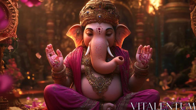 Serene Ganesha idol meditates amid warm temple glow