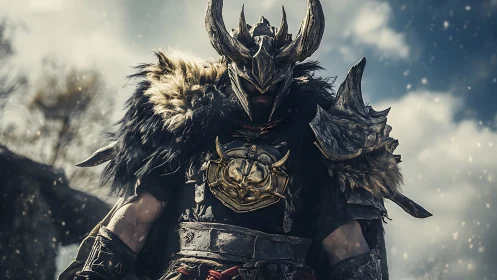 Armored warrior in horned helm under overcast sky.