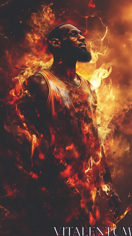 Basketball player portrait rendered as volumetric flames and embers