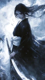 Silent storm samurai wrapped in moonlit swirling mist.