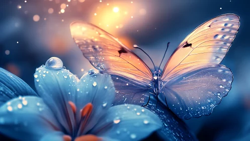 Digital painting of luminous butterfly on dewlit blossoms.