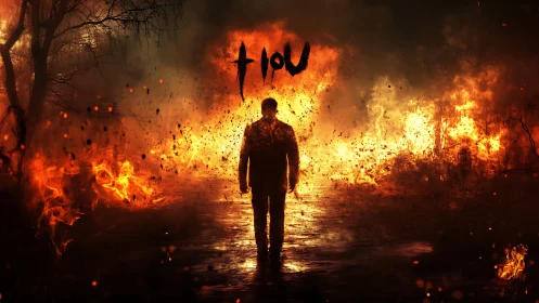 Silhouette of lone figure walking through burning landscape.