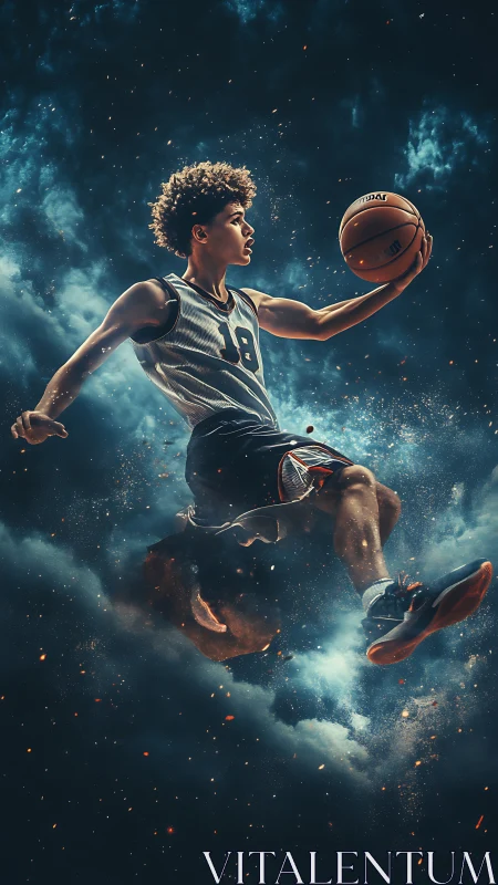 Basketball player soars through cosmic clouds in dynamic motion