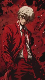 Blood soaked anime antihero in red suit against splatter field