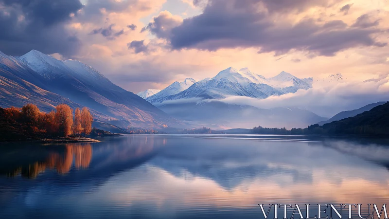 Snow-covered mountain range reflects on calm alpine lake
