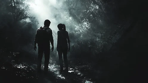 Silhouetted pair walking through dark misty forest path.
