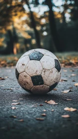 Photorealistic soccer ball on autumn pavement with bokeh depth.