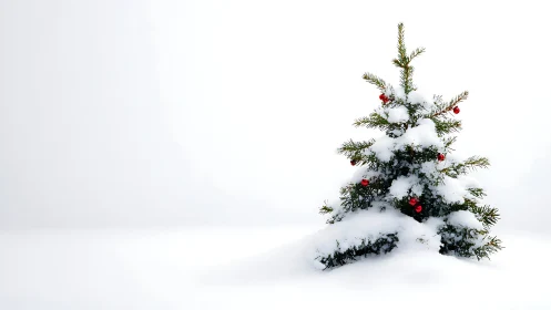 Snow covered Christmas tree stands alone on white field