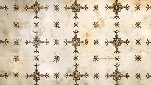 Vintage compass star motif on distressed ceramic tiles.