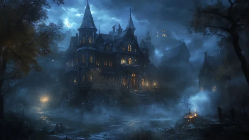 Gothic haunted manor under moonlit fog and eerie glow.
