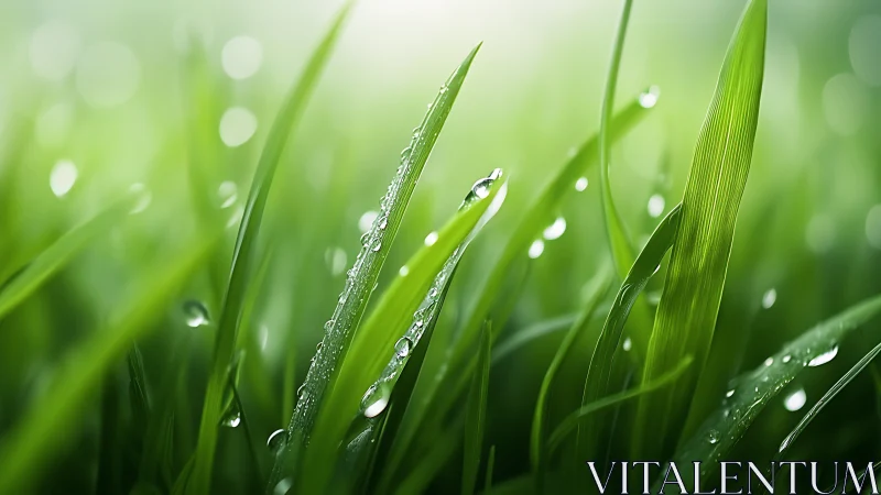Morning dew clings to vivid green grass in soft sunlight